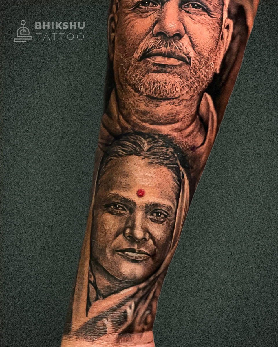 Realistic portrait tattoo sleeve by Bhikshu Tattoo Studio